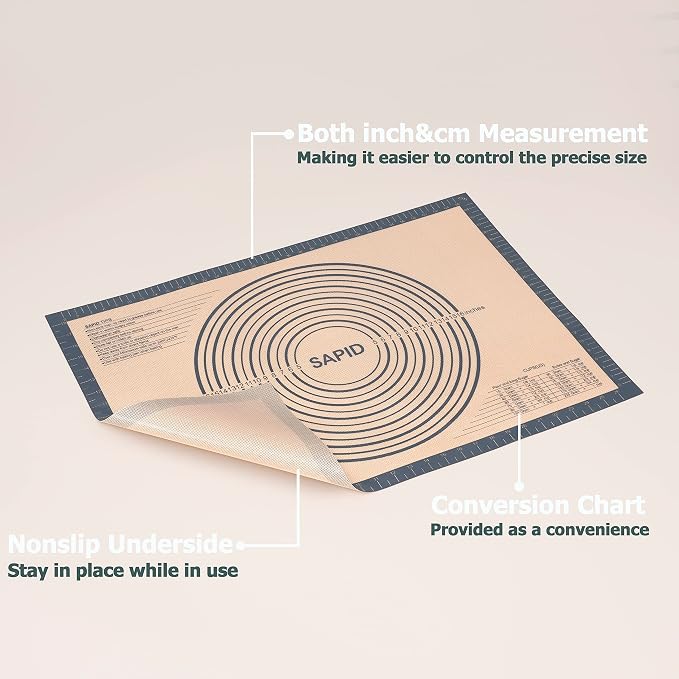 Sapid Thick Silicone Pastry Mat Baking Dough Rolling Extra Large 20" x 28" | Non-slip with Measurements for Non-stick Dough Rolling, Pie Crust, Kneading Mats, Countertop, Placement Mats (Gray)