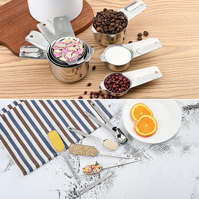 Measuring Cups and Spoons Set 17, 18/8 Stainless Steel Measuring Cup and Spoons Set for Dry & Liquid, Metric & US Metal Measuring Tools &Leveler &Equivalents for Baking & Kitchen