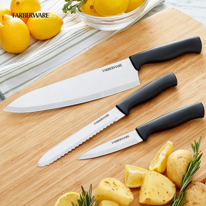 Farberware 3-Piece Chef Knife Set - High-Carbon Stainless Steel Kitchen Knives with Ergonomic Handle, Includes 8 In Chef, 5.5 In Utility and 3.5 In Paring Knife for Everyday Food Prep