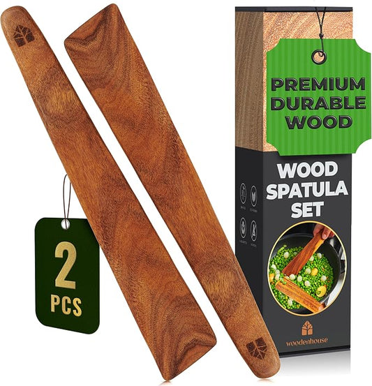 Wooden Spatula for Cooking Set of 2-12 Inch Teak Spatula for Non Stick Frying Pan - Turner & Flipper for Cast Iron, Egg & Pancake Scraper - BPA Free & Heat Resistant Wooden Cooking Utensils