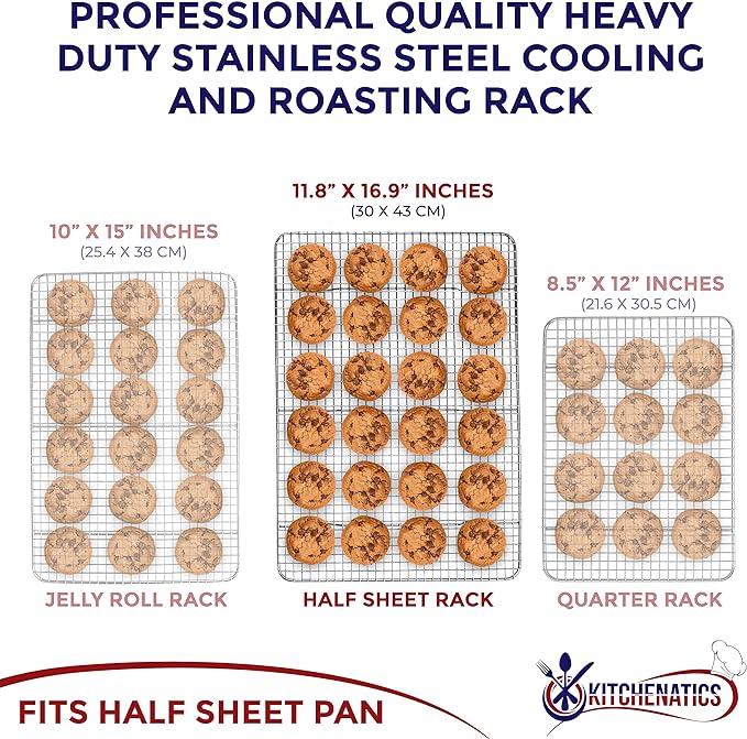 KITCHENATICS Half Sheet Wire Rack Rust Free Even Airflow 11.8 x 16.9 Inches | Fits inside a standard half sheet pan to lift food for even heat while baking, grilling or cooling