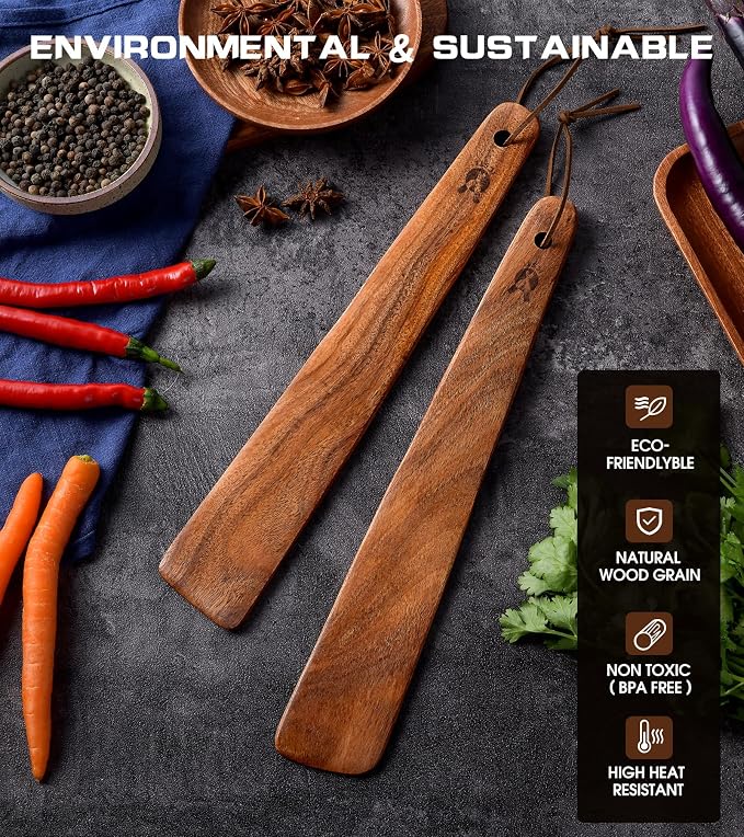 12 inch Teak Wooden Spatula for Cooking, Small Wood Flipper, Egg Scraper, Flat Wood Turner, Multipurpose Wooden Cooking Utensils, Spatulas Spoons Perfect for Flipping, Scraping & Turning, Set of 2