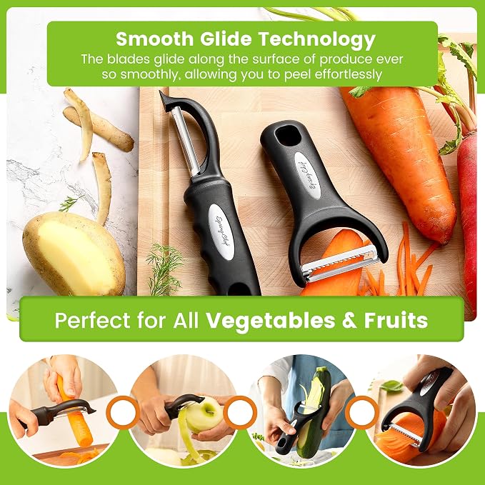 Spring Chef Swivel & Vegetable Julienne Peeler Set for Kitchen with Stainless Steel Sharp Blades - Potato Peelers with Soft Grip Handles & Blade Covers - Perfect for Carrot, Zucchini, Cucumber - Black