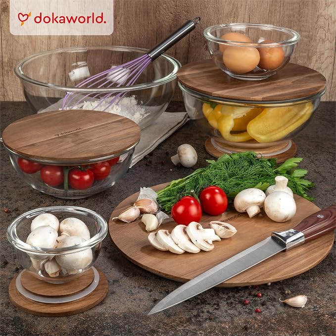 Set of 5 Nesting Glass Bowls with New Updated Acacia Lids for Foodprep, Storage, Mixing & Cooking - Microwave & Oven-ready BPA Free Durable Heat Resistant Inert Borosilicate Glass