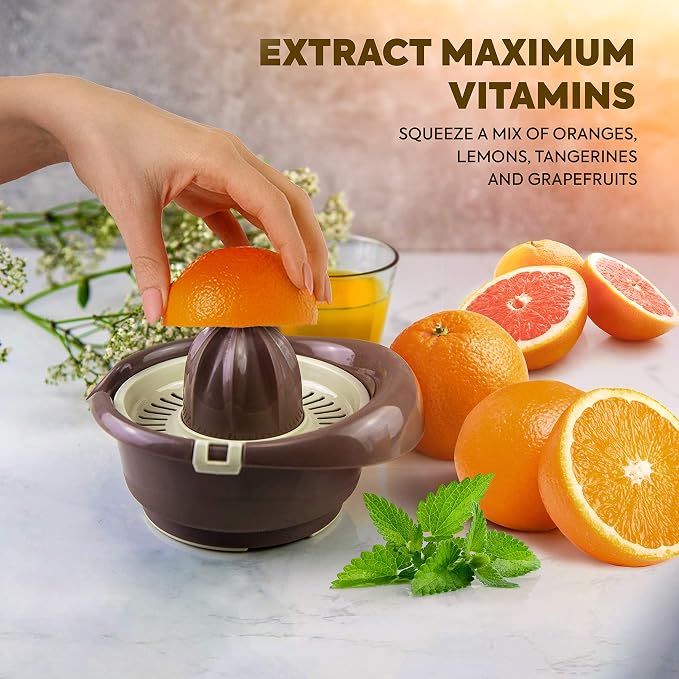 Mueller Citrus Lemon Orange Juicer, Hand Squeezer Rotation Press, Manual Juicer with Easy Pour Spout, European Made, Dishwasher Safe, Mocha