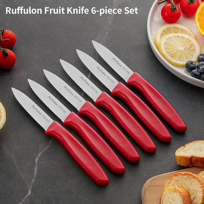 Stainless Steel Paring Knife With Serrated Blade, 6 Pieces Set Vegetable and Fruit Knife, Ultra Sharp Small Kitchen Knife, Red Paring Knives with PP Plastic Ergonomic Handle.