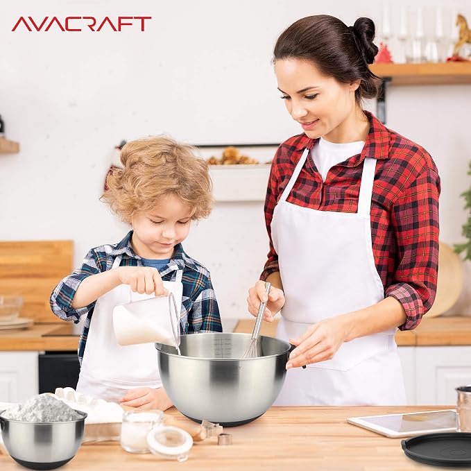 AVACRAFT 18/10 Stainless Steel Mixing Bowl Set with Lids, Black | Non-Slip Silicone Base, Ergonomic Handles, Pour Spouts, Interior Measurement Marks, Nesting Design, Dishwasher Safe