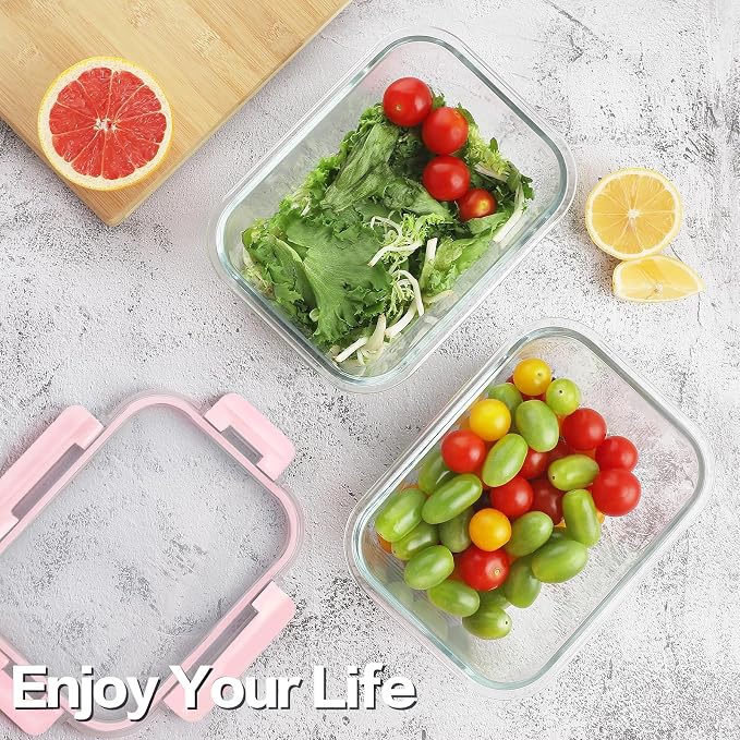 8-Pack 36oz Large Glass Meal Prep Containers with Leakproof Snap-Lock Lids | Borosilicate Glass Food Storage Containers and Bento Boxes , BPA-Free, Oven, Freezer and Dishwasher Safe-Pink