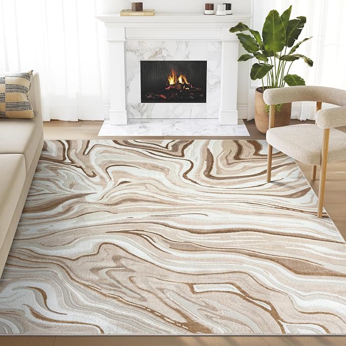Abani Regal Beige Brown Swirl Lines Area Rug 5' x 8' for Living Room, Bedroom - Abstract Design - Durable & Washable
