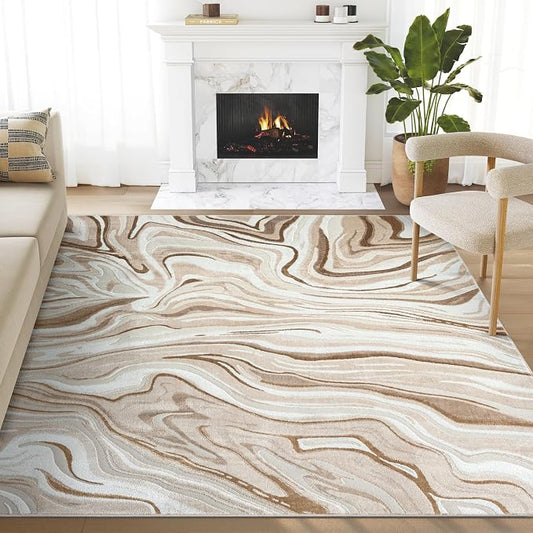Abani Regal Beige Brown Swirl Lines Area Rug 5' x 8' for Living Room, Bedroom - Abstract Design - Durable & Washable