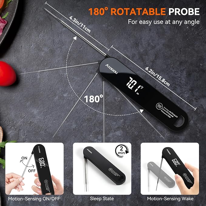 Atogou The Latest Thermocouple Food Thermometer. Faster: <1 Second Response time. More Accurate: ±0.5°F (0.3°C), IPX7 Waterproof, for Meat/Candy/Grill/BBQ etc. Fathers Day Gift, TH-22 Black