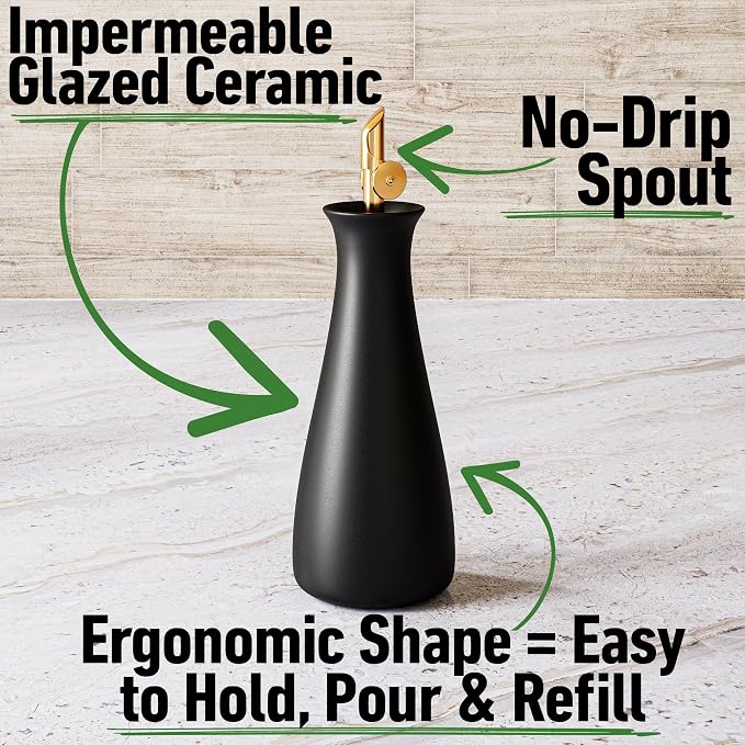 Ceramic Olive Oil Dispenser with Self-Closing Gold Spout, 530mL, Leakproof | Leak Proof EVOO Dispensing Bottle, Stainless Steel Self-Closing Spout, Ergonomic, Durable, Easy Pour, Stylish, 530mL Capacity