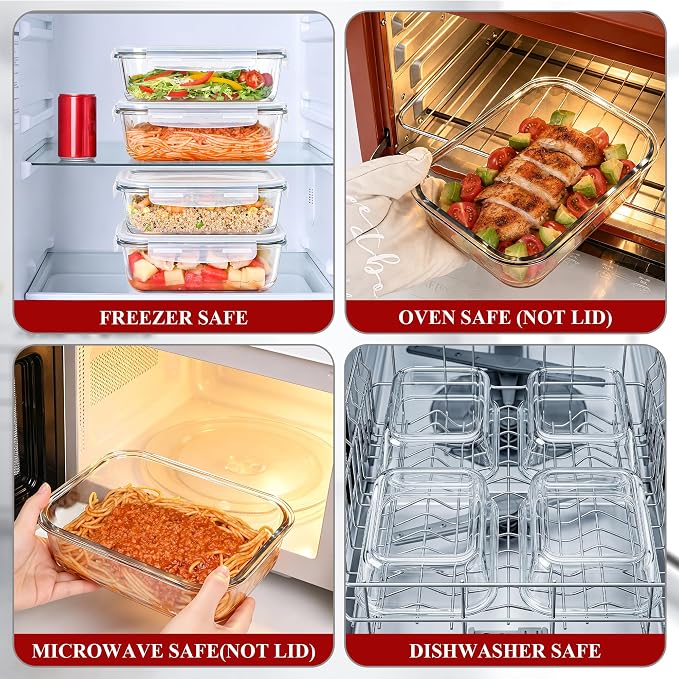 GEHE 4 Pack 52 oz Large Glass Food Storage Containers with Lids - Glass Meal Prep Containers For Baking, Storing, Airtight Lunch Container, Freezer, Dishwasher, Microwave and Oven Safe, BPA Free