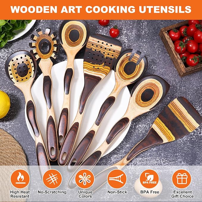 Kitchen 7Pcs Pakkawood Utensils Set, Wooden Cookware Sets | Wooden Spoons for Cooking, Easy to Clean, Eco-Friendly, Non-Stick, Non Toxic, Comfort Grip, Housewarming Kitchen Gifts