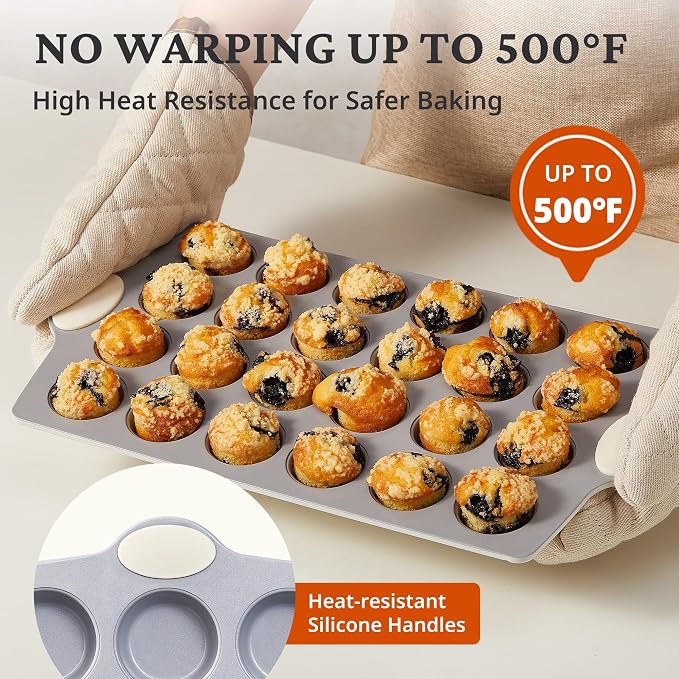 BRONYPRO 2-Pack 12 Cup and Mini 24 Cup Non Toxic Nonstick Ceramic Muffin Pan & Cupcake Tin, PFOA & PTFE Free, Heavy Duty Rust-Resistant Aluminized Steel, Oven & Dishwasher Safe, Cream White