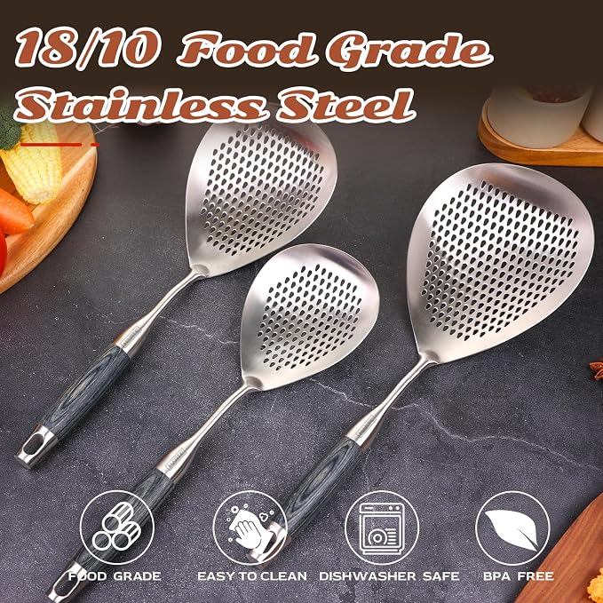 MARTE Skimmer Slotted Spoon,304 Stainless Steel Pasta Spider Strainer Ladle for Frying and Cooking,Set of 2 Kitchen Colanders & Food Strainers，Serving Spoon with Heat-Resistant Solid Wood Handle