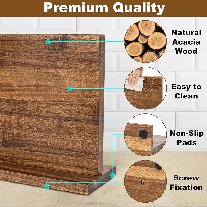 Magnetic Knife Holder,Double Sided Magnetic Knife Block for Kitchen Counter,Acacia Wood Strong Magnet Knife strip