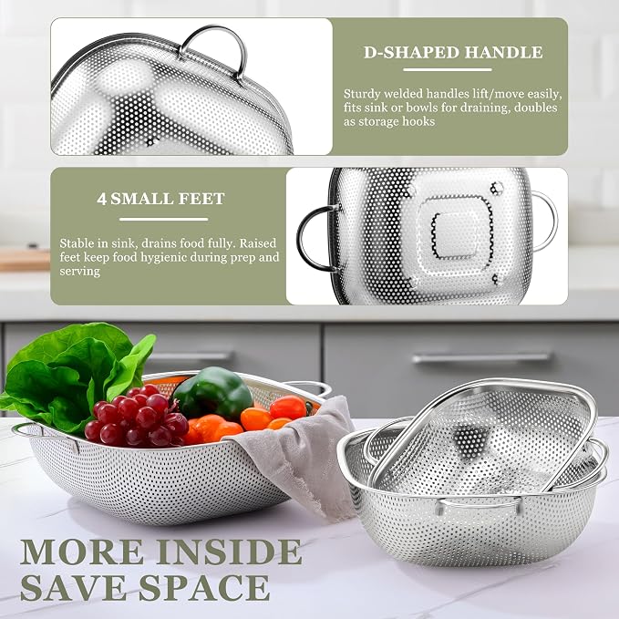 E-far 6QT Stainless Steel Colander with Handle - Square Metal Kitchen Strainer for Pasta & Vegetable Draining, Micro-Perforated & Elevated Feet, Dishwasher Safe