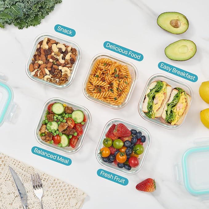 Vtopmart 5Pack 17.5oz Glass Storage Containers with Lids, Green | Glass Meal Prep Food Container Sets, Snap Airtight Lid, For Microwave, Oven, Freezer and Dishwasher, BPA Free