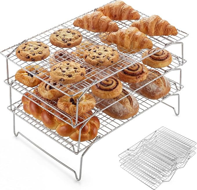 E-far Cooling Rack 15”x10”, 3-Tier Collapsible for Cooking and Baking | Tight-Wire Stainless Steel Cookie Rack for Baking Sheet, Oven, Roasting, Stackable & Space Saving, Dishwasher Safe