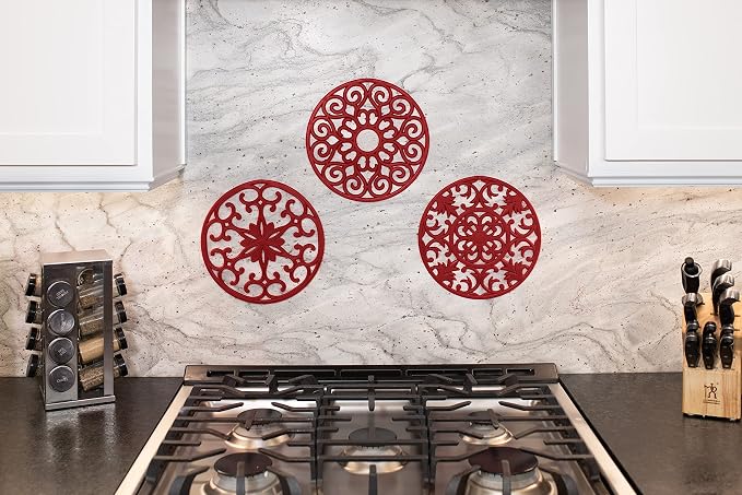 GASARE, Extra Large, Thick, 10" Silicone Trivets for Hot Dishes, Pots, and Pans, Hot Pads for Countertops, Flexible, Dishwasher Safe, 10 x ¼ Inches, Set of 3, Red