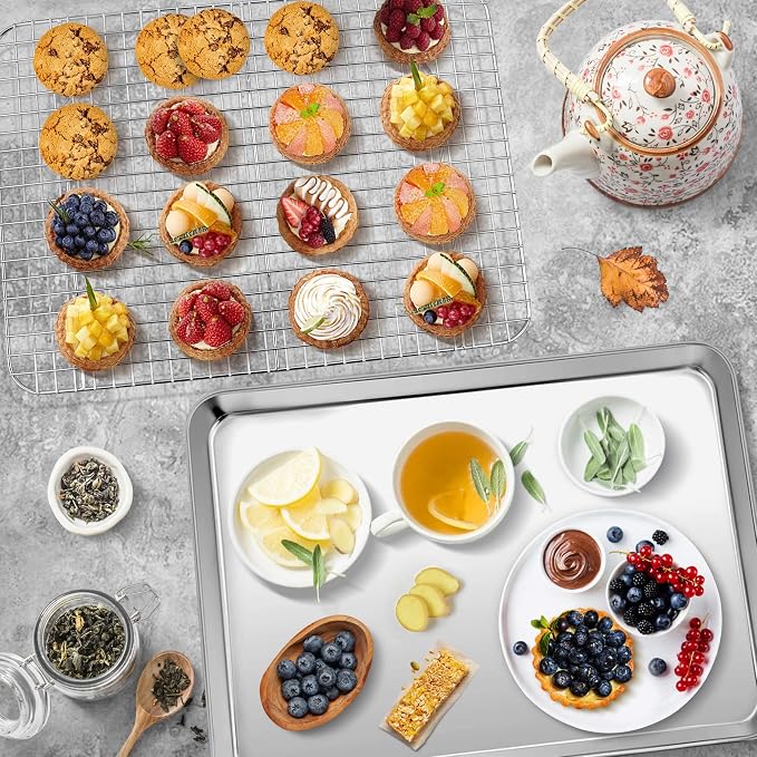 P&P CHEF 17.5 Inch Baking Sheet Pan and Cooking Rack - 2 Pieces | 1x Cookie Sheet + 1x Grid Rack, Stainless Steel Oven Tray with Wire Rack for Oven Baking, Healthy & Sturdy & Easy to Clean