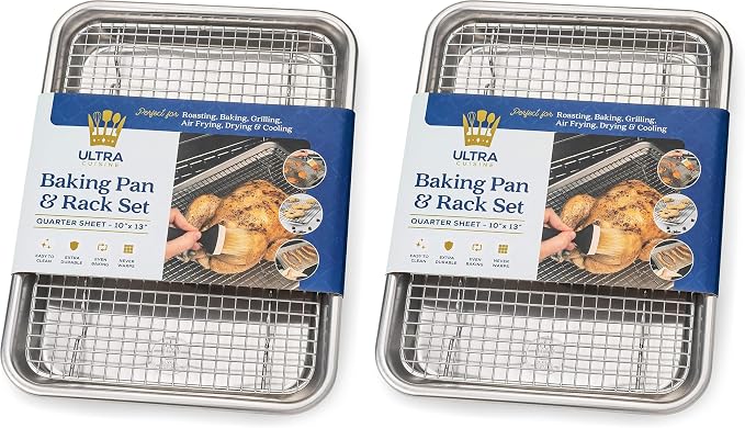 Quarter Sheet Pan with Wire Rack Set - Includes Premium Aluminum Baking Sheet with 100% Stainless Steel Baking Rack, Cookie Cooling Racks with 1/4 Pan Commercial Quality (Pack of 2)