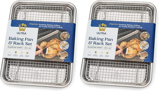 Quarter Sheet Pan with Wire Rack Set - Includes Premium Aluminum Baking Sheet with 100% Stainless Steel Baking Rack, Cookie Cooling Racks with 1/4 Pan Commercial Quality (Pack of 2)