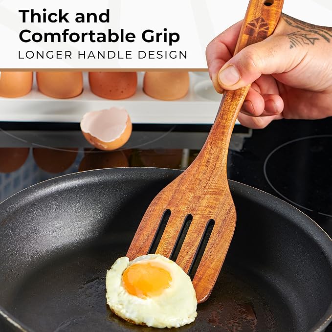 Wooden Spatula for Cooking - Natural Teak Wood Spatula for Non Stick Frying Pan - Wooden Cooking Utensils Set of 4 Including Paddle, Turner, Slotted Spurtle and Wood Scraper - Long Ergonomic Handles