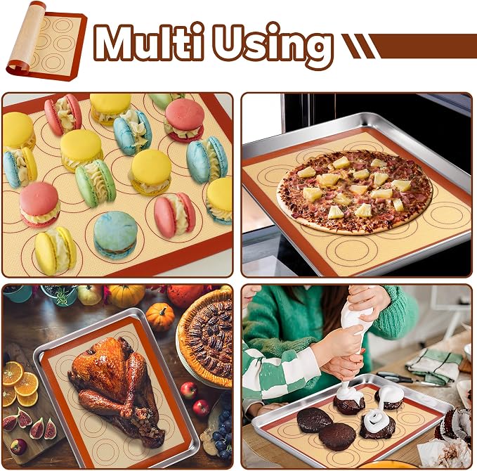 P&P CHEF 15 Inch Silicone Baking Mat, 2Pcs Non-stick Silicone Oven Mats | Reusable Baking Supplies for Macaroon Pastry Bread Dough Cookie Pizza, Good for Roasting Kneading, Fit Well with Sheet Pan