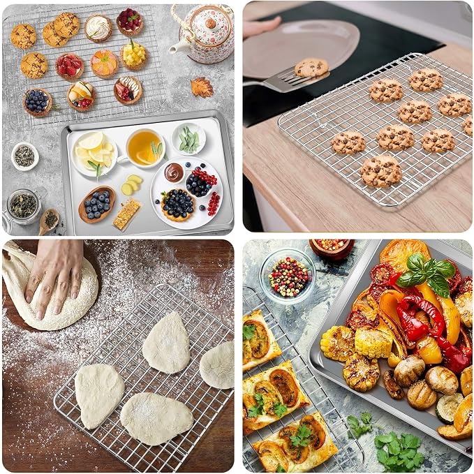 P&P CHEF 16 + 12.5 + 10.4 + 9 Inch Baking Sheet & Rack, Pan and Grid Rack | 8 Pcs (4x Cookie Sheets + 4x Cooling Racks), 4 Sizes, Stainless Steel Oven Pans Trays with Wire Racks, Oven & Dishwasher Safe