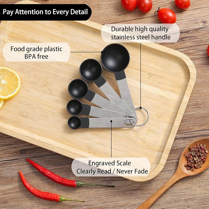 Measuring Cups and Spoons Set of Huygens Kitchen Gadgets 10 Pieces, Stackable Stainless Steel Handle Measuring Cups for Measuring Dry and Liquid Ingredient (Black)