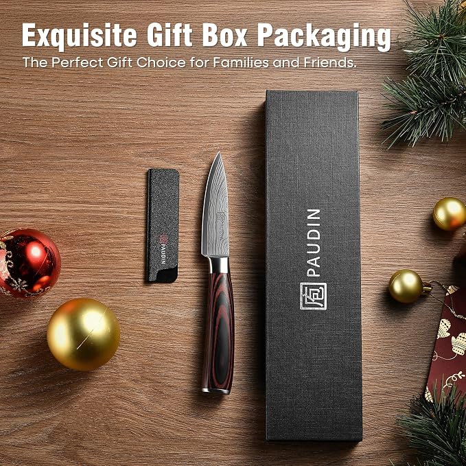 PAUDIN Paring Knife, 3.5 Inch Fruit Knife, High Carbon 5Cr15Mov Stainless Steel Forged Paring Knife, Ultra Sharp Small Kitchen Knife, Ergonomic Wooden Handle with Elegant Gift Box