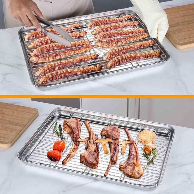Homikit Large Baking Sheet with Wire Cooling Rack (1 Pan+1 Rack), Nonstick | 20x14 Inch XL Stainless Steel Cookie Sheets for Baking, Big Baking Pans with Racks Set, Metal Bacon Tray, Dishwasher Safe