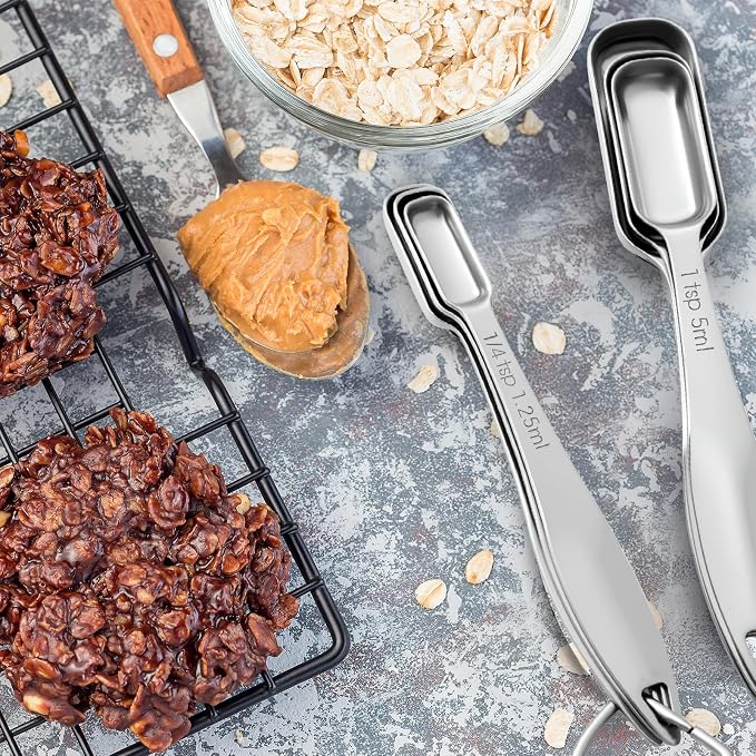 FANGSUN Stainless Steel Narrow Measuring Spoons, Metal Measuring Spoons with Long Handle and Engraved Measurements Set of 6, For Dry or Liquid, Fits in Spice Jar