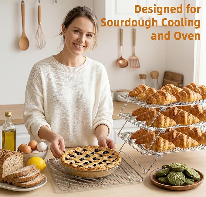 Sourdough Bread Cooling Rack, Oven Rack for Baking and Cooking Collapsible 12"x 16.5" for Half Sheet, Wire Rack Stackable Stainless Steel Rack for Cookie, Cake, Bacon and Jerky