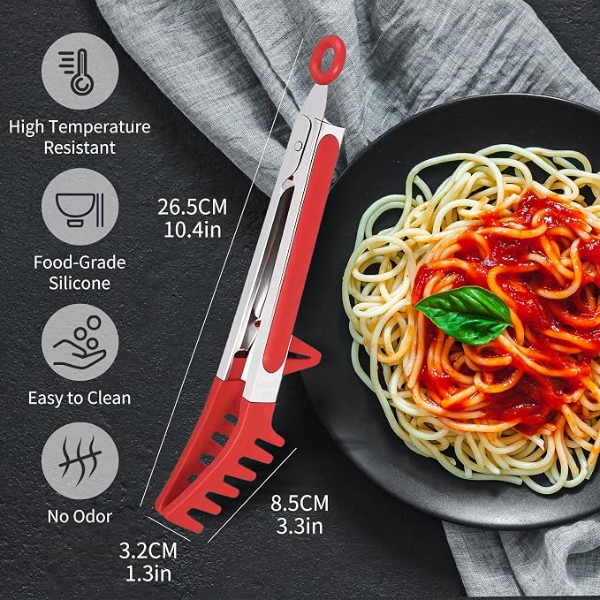 Professional Stainless Steel Pasta Tongs with Non-Slip Silicone Teeth - Heat Resistant 600°F, Dishwasher Safe Spaghetti Server Utensil for Cooking, Baking, Salad...(red)