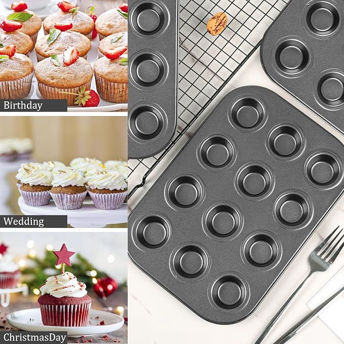 Mini Muffin Pan 2-Pack, Premium Small Cupcake Pans, Carbon Steel 12-Cup Muffin Tin, Versatile Non-Stick Bakeware