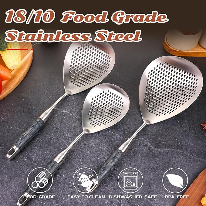 MARTE Skimmer Slotted Spoon Set of 4 - Kitchen Pasta Strainer Spoon - Spider Strainer Skimmer Ladle Spoon with Holder for Cooking and Frying Food, Spaghetti, Vegetable, Dumpling - 14.8In,16.5In,17In
