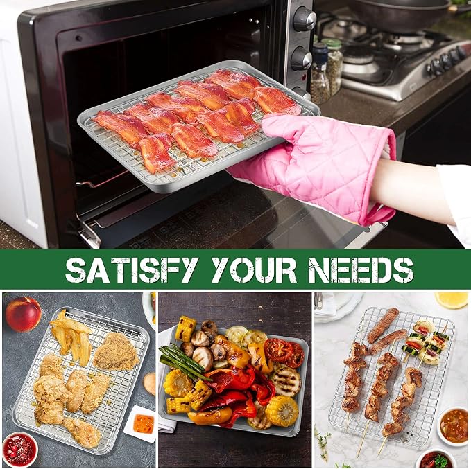 P&P CHEF 9 Inch Toaster Oven Pan Tray with Wire Rack, 4 PCS | Baking Sheet Pan + Cooling Rack for Cooking/Roasting, Dishwasher Safe & Rust Free, Non-toxic & Sturdy