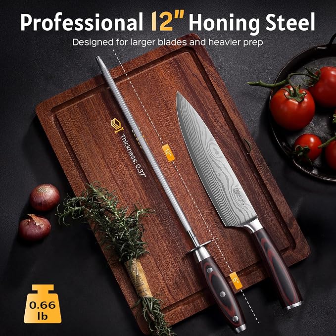 PAUDIN Honing Rod, Knife Sharpener Rod 12 inch, Professional Kitchen Knife Sharpener, High Carbon Knife Sharpening Steel with Ergonomic Pakkawood Handle, Honing Steel for All Chef Knives