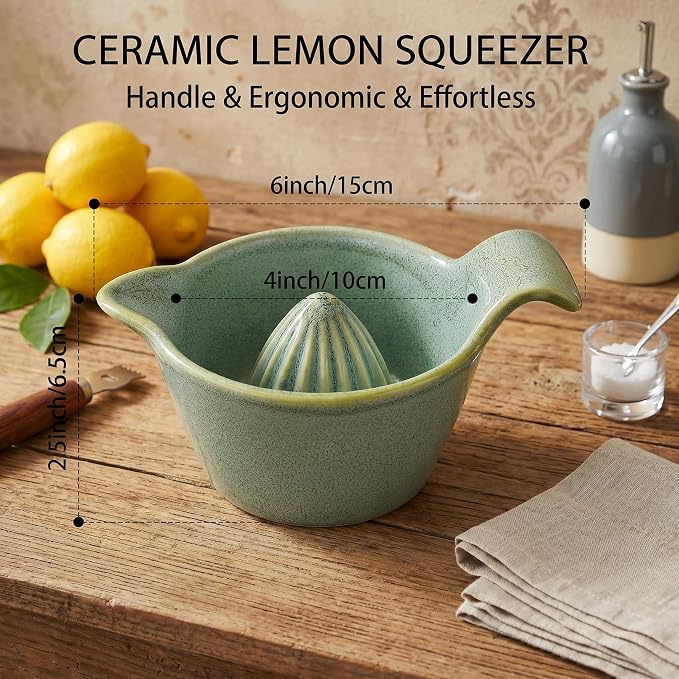 4 inch Ceramic Lemon Squeezer-Manual Citrus Juicer with Handle and Easy Pour Spout for Lemon,Orange, Lime&Grapefruit-Easy to Clean Hand Press Juicer,Microwave&Dishwasher Safe,Lead-Free (Green)