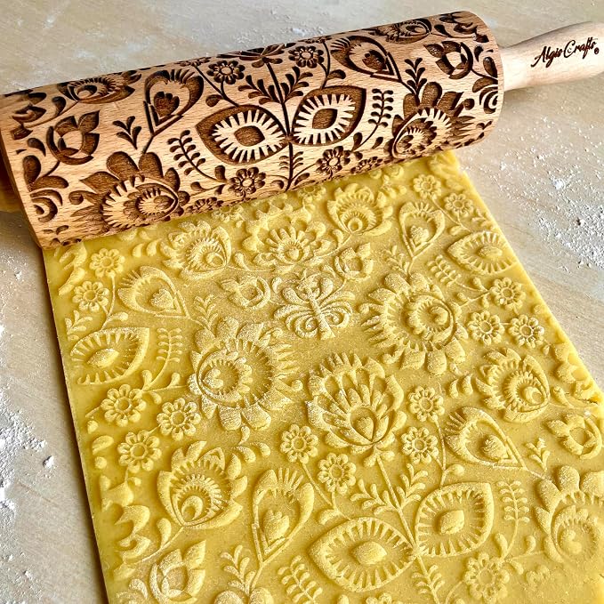 FOLK Embossed Rolling Pin. Wooden Embossing Rolling Pin With Folksy Flowers for Pottery and Cookies by Algis Crafts
