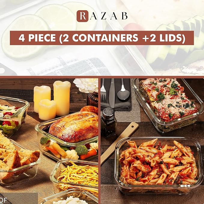 Razab 6.5 Cups / 52 Oz 4 Piece (2 Containers + 2 Lids) Glass Food Storage Containers Set with Airtight Locking Lids - For Storing, Baking & Serving BPA Free, Leakproof - Microwave, Freezer & Oven Safe