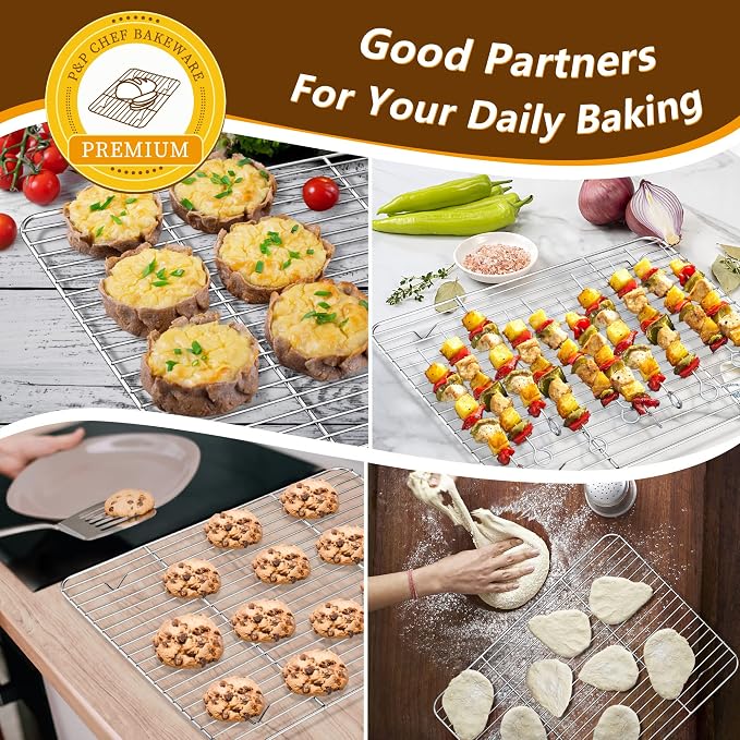 P&P CHEF 16 Inch Baking Sheet with Rack Set, Pans with Flat Racks | 2 Baking Sheets + 2 Cooling Wire Racks, Dishwasher & Oven Safe, Non-toxic & Lasting Use, Fit for Regular Oven