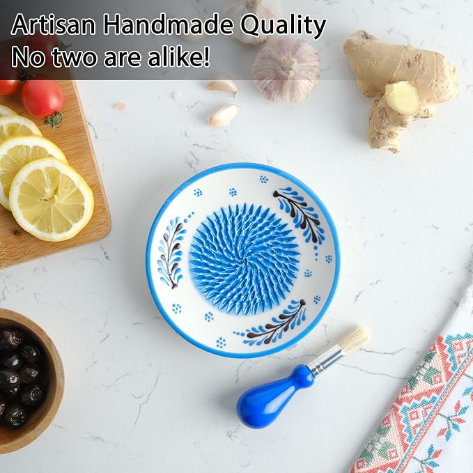 Ceramic Garlic Grater Plate - Handmade 4 Pcs Press - Natural Grinder - Decorative Mincer - Ginger, Cheese Grater - Hand Dish for Garlic (Blue)