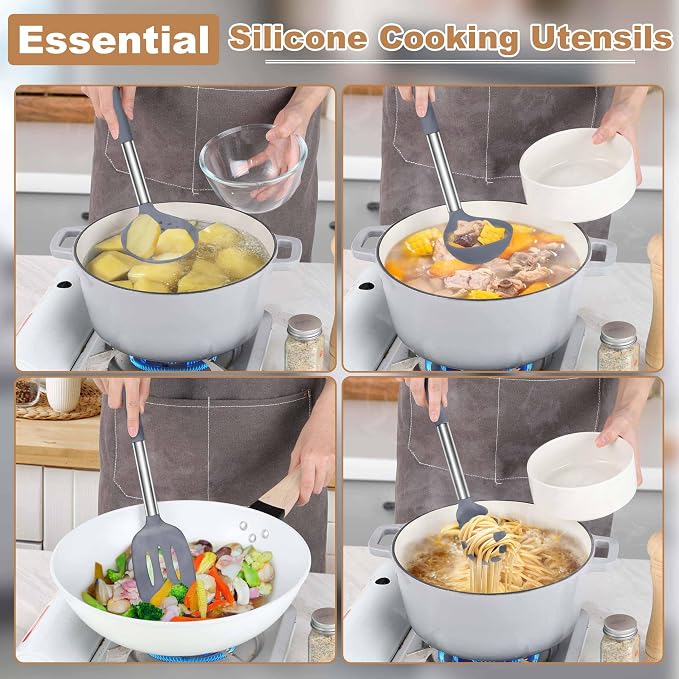 LIANYU Silicone Cooking Utensil Set, 6Pcs Heat Resistant Kitchen Utensils Set, Non-stick Stainless Steel Handle Spatula Tools, Dishwasher Safe, Grey