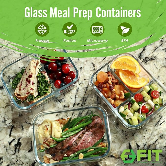 Glass Meal Prep Containers 1 & 2 & 3 Compartments, Airtight, 35 oz, 3 Pack | Bento Lunch Box, Stackable Portion Control Food Storage Containers for Adults, Divided, Microwave Oven Freezer Safe, Black