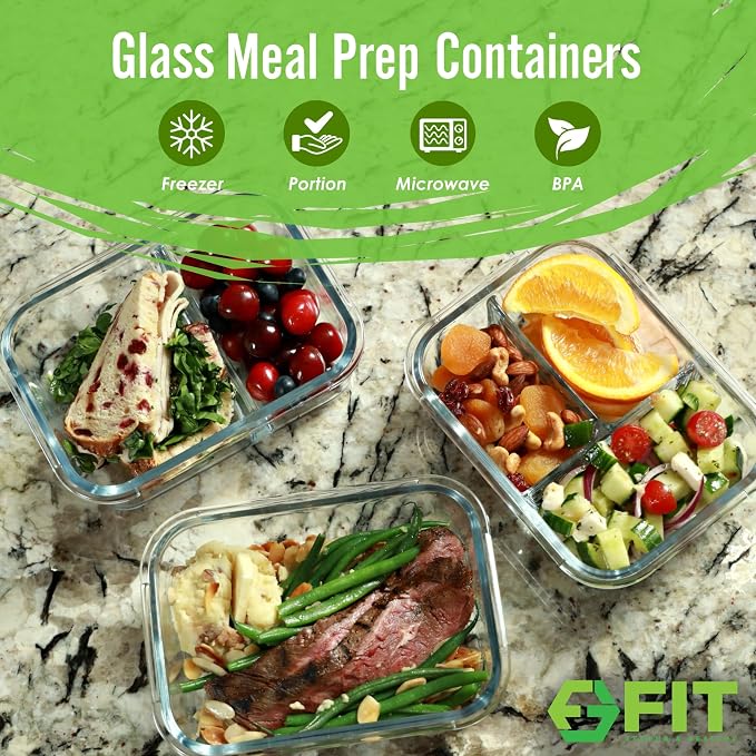 Glass Meal Prep Containers 1 & 2 & 3 Compartments, Airtight, 35 oz, 3 Pack | Bento Box Lunch Containers, Food Storage, Portion Control, Leak-Proof Lids, Microwave Oven Freezer Dishwasher Safe, Beige