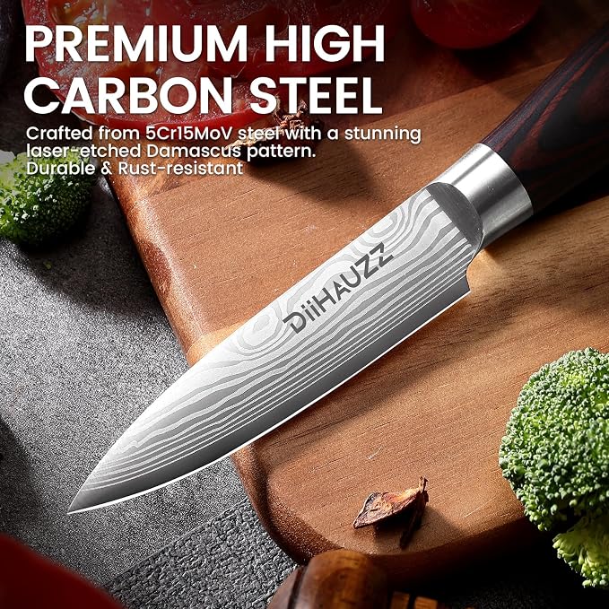 DiiHAUZZ Paring Knife, 3.5 Inch Fruit Knife, High Carbon Stainless Steel | Ultra Sharp Forged Blade, Ergonomic Pakkawood Handle No Cracking, Peeling Fruits Cutting Slicing Vegetable, Gift Box & Sheath